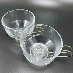 Vintage Espresso Coffee Cups Mugs Glass Steel Handles Clear Glass Small Cups VTG