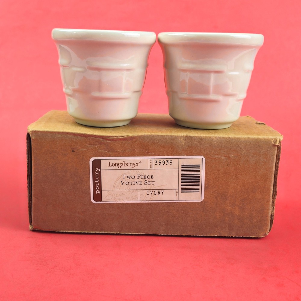 LONGABERGER POTTERY: WOVEN TRADITIONS 2 PK VOTIVE CANDLE HOLDERS IVORY