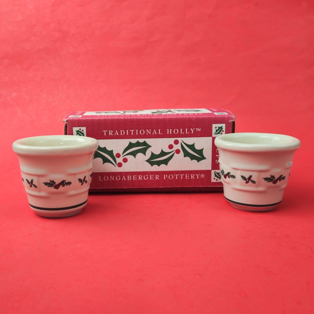 RETIRED LONGABERGER POTTERY: CHRISTMAS 2 TRADITIONAL HOLLY VOTIVE CUPS NIB
