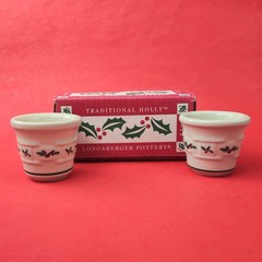 RETIRED LONGABERGER POTTERY: CHRISTMAS 2 TRADITIONAL HOLLY VOTIVE CUPS NIB