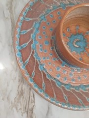 10.5″ TAE POTTERY vtg studio art Blue Moon party plate chip dip bowl Signed