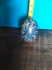 VTG Hand Painted Cloisonne Egg Blue Gold White Floral Geometric Design