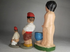 Rare Lot of 3 Polychrome Pottery Caganers using the bathroom some Signed dated