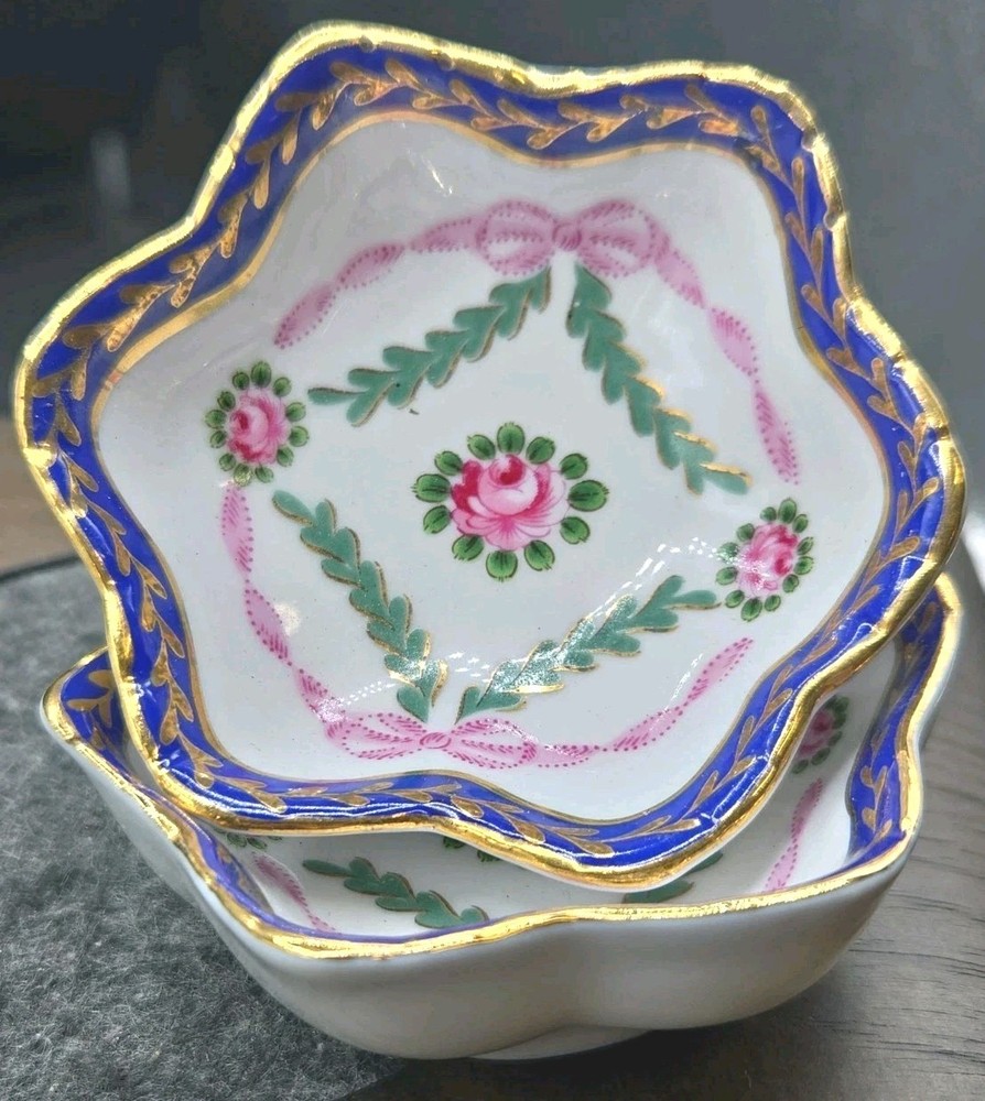2 Royal Danube 1886 Collection 3″ In Trinket Dish Bowl Small Pink Rose Blue Trim