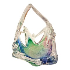 Hand Blown Murano Art Glass Basket Bowl Handle Ruffled Rim Blue Green Pink Swirl