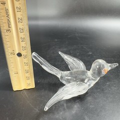 Hand Blown Art Glass Clear Bird Figurine Delicate With Red Orange Eyes Hand Made