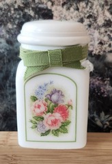Vintage Country Garden Powder Sachet by Avon. Milk Glass Empty. Bird of Paradise