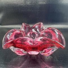 Hand Blown Bohemian Cranberry Art Glass Dish Bowl Folded Edges Original Sticker