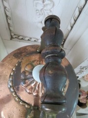 Old Copper TILTING TEA KETTLE on Ornate BRASS STAND White Porcelain Handles