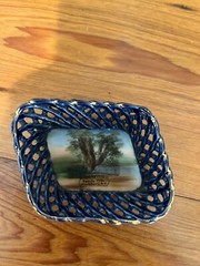 Antique Souvenir Cobalt Blue Basket Weave Dish Wurtsboro,NY Made In Germany