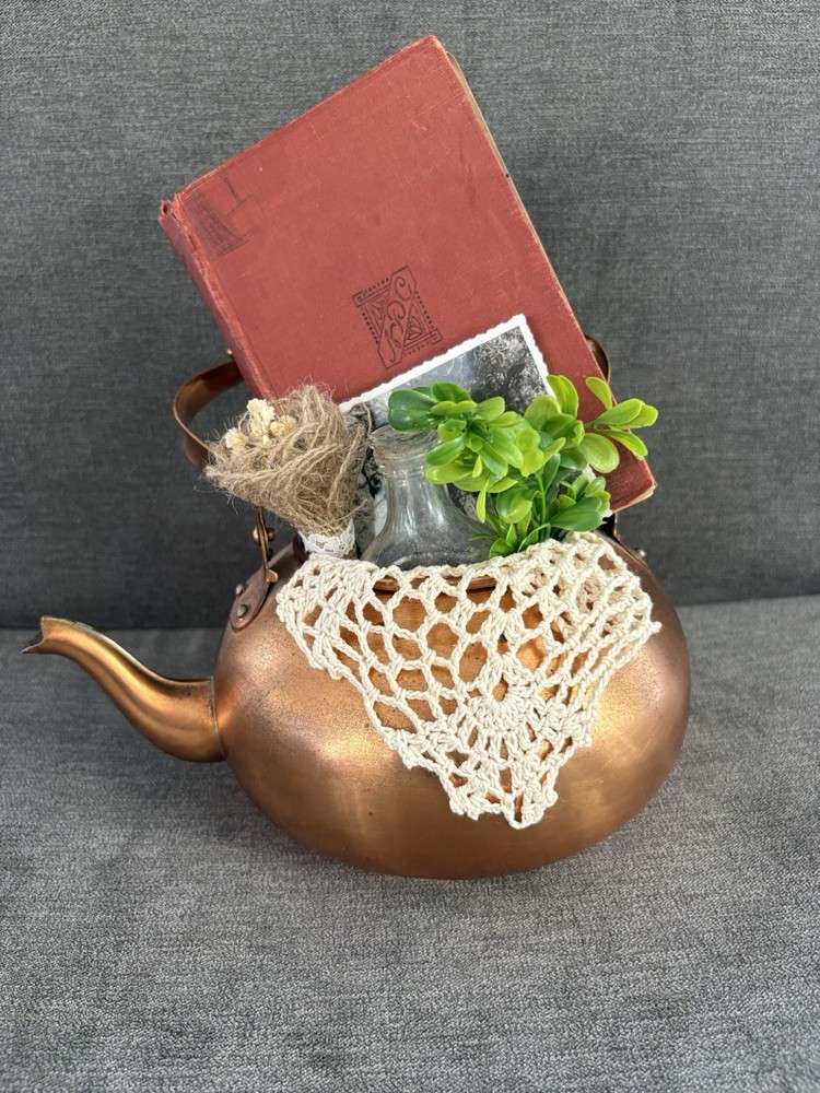 Antique Photo Upcycled Repurposed Primitive Vignette Tabletop Decor Metal Copper
