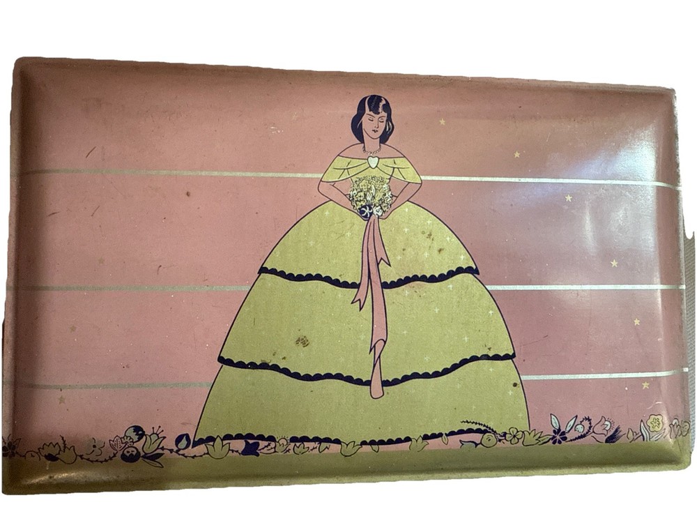 Vtg Gales Chocolates Tin Hinged Lid Candy Box Art Deco Lady Shabby Chic Belle