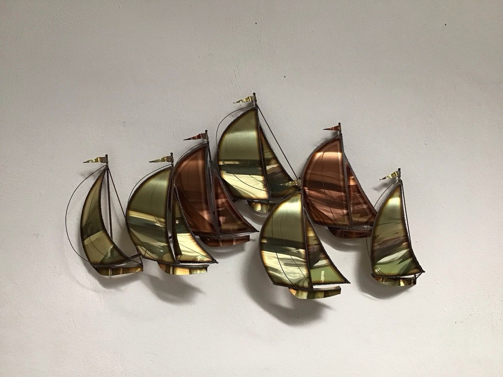 Vintage MCM DEMOTT Brass & Copper Sailboat Metal Wall Hanging Sculpture Signed