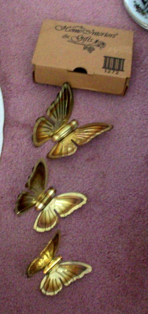 Set 3 vintage Home Interiors brass bronze tone metal butterflies wall decor OBOX