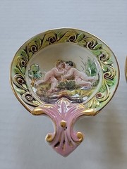 Antique SUNRISE ITALY Cherub Putti Porcelain Hand Painted Relief Trinket Dish 3D