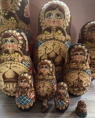 Wood burned Nesting/Traditional. 9.5 Piece Painted Detail – SIGNED. Russian