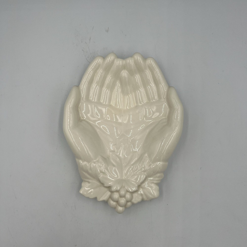 White Ceramic Praying Hands Decorative Trinket Dish Leaf & Berry Open Hands