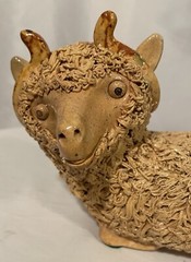Vintage Spaghetti Pottery Lamb Ram Sculpture Figurine Poland Signed SET of 2