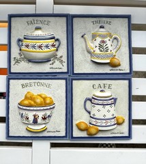 VTG French Kitchen Wall Plaques 3D Relief French Pottery IV Quimper Style Decor