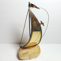 Vtg John Demott Signed Metal Art 10″ Sailboat Sculpture Brass Nautical Decor