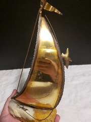 John Demott Signed Single Sail Brass Sailboat Mounted Onyx Stone w/ Seagull VTG