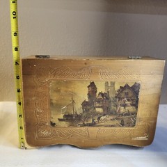 Carved Wood Musical Jewelry Box with Mirror Made In Switzerland