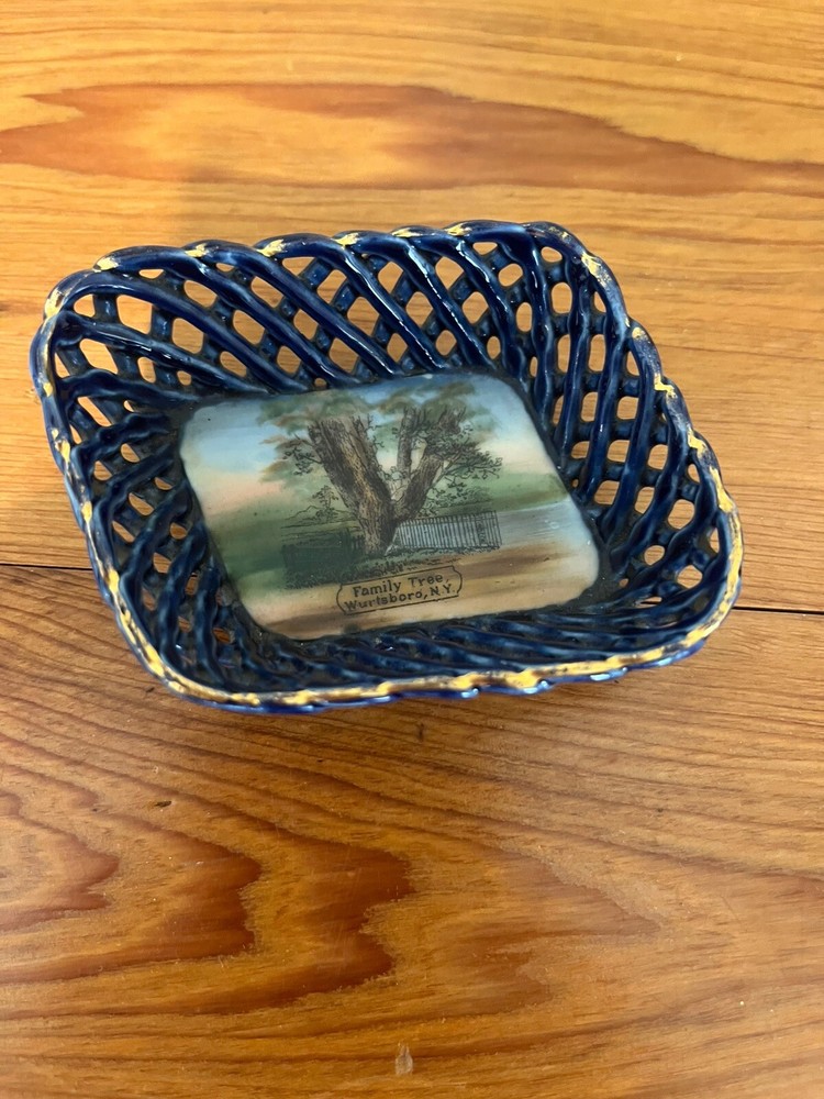 Antique Souvenir Cobalt Blue Basket Weave Dish Wurtsboro,NY Made In Germany