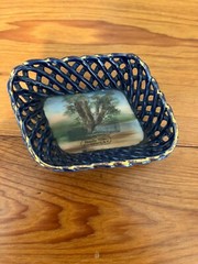 Antique Souvenir Cobalt Blue Basket Weave Dish Wurtsboro,NY Made In Germany