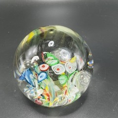 Hand Blown Art Glass Paperweight With Large Bubbles Multicolored Millefiori VTG