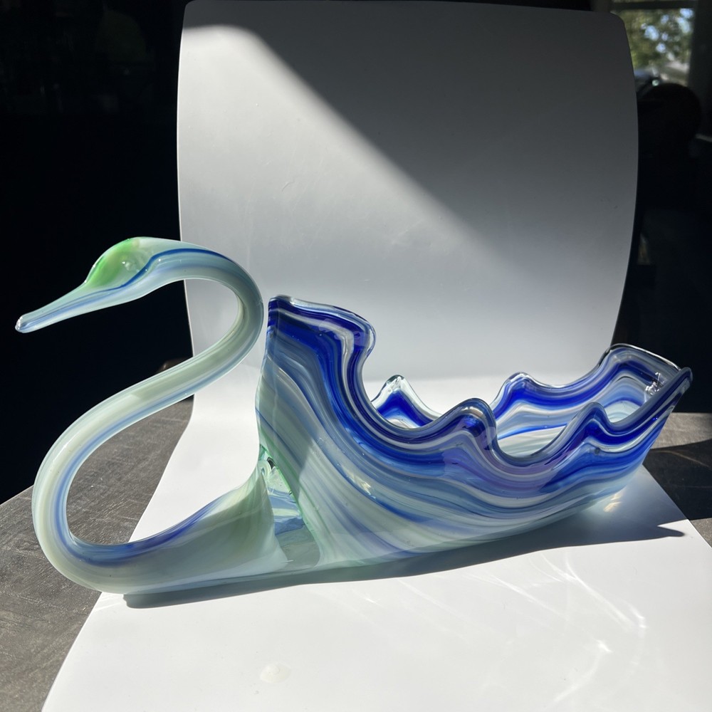Sooner Swan Murano Style Hand Blown Art Glass Bowl Cobalt Blue Swirl 16”x4”x6”