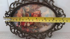 Vintage Made in Italy Kids Playing Print Oval Glass Ornate Metal Frame EUC