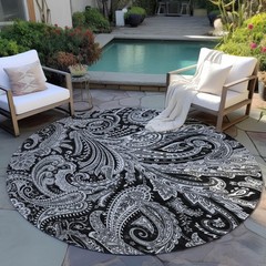 8′ Black Gray And White Round Paisley Washable Rug