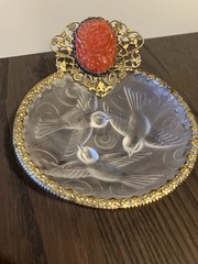 French Ormolu Dish~Frosted Glass Birds And Gilt Brass Trimmed With Carved Cameo.