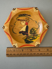 NORWAY NORGE GIRL PLAYING LUR HORN FOLK ART HEXAGON WOOD TRINKET BOWL DISH VTG