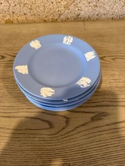 Vintage Set of 8 Jasperware Plates Wedgwood Blue Cameo Relief Decorative 6.5″
