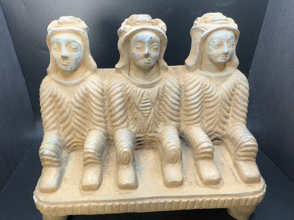 Rare Bactrian Sandstone Sculpture – Seated Trio – Ancient Central Asian Artifact