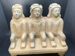 Rare Bactrian Sandstone Sculpture – Seated Trio – Ancient Central Asian Artifact