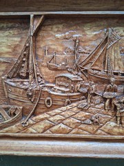 Carved Wood and Resin Relief Picture Panel Fishing Harbor Sea Scene 12″x9″