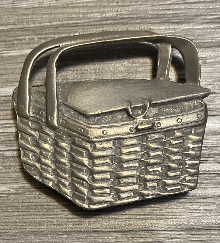 Vintage 1990s Longaberger Picnic Basket w/Handles Up Pewter Magnet 1.5” X 1.5”