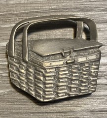 Vintage 1990s Longaberger Picnic Basket w/Handles Up Pewter Magnet 1.5” X 1.5”