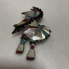 Native American Zuni Turquoise Coral Jet Mother of Pearl Brooch Pendant 7cm Used