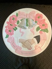 Vintage 1969 Wedding Plate Hand Painted Kitsch Mid-Century Bells Roses Relief