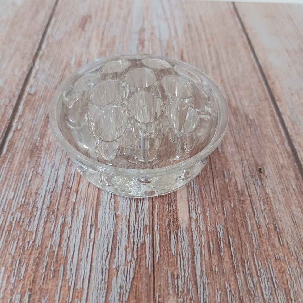 VTG Clear Glass Flower Frog 11 Hole Round 3″ Heavy Floral Stem Holder MCM Solid