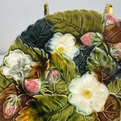 Antique French Majolica Strawberry Plate Floral Relief 8.5 Inch