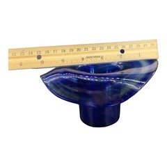 1980s Art Glass Hat Shaped Dish Bowl Clear Cobalt Blue Swirls Folded Edges VTG