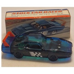 VTG Avon Stock Race Car Decanter 90% Collectible vanity Blue Glass Bottle w/ Box