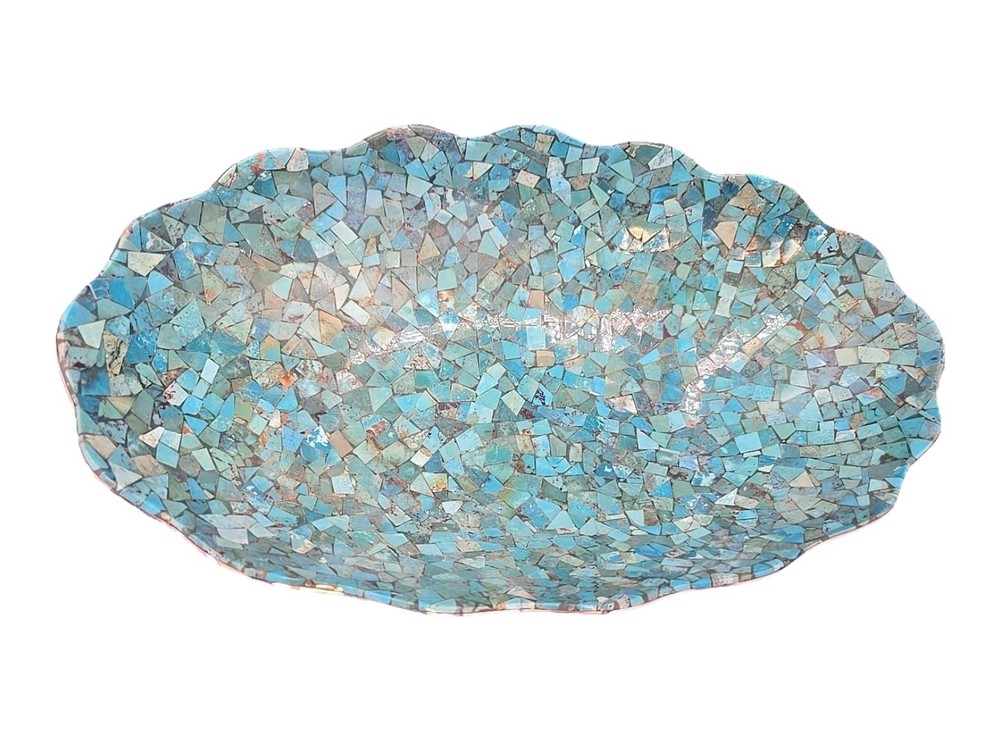 Jay King Turquoise Inlay Scalloped Edge Mosaic Bowl 12x7x3 Stainless Steel COA
