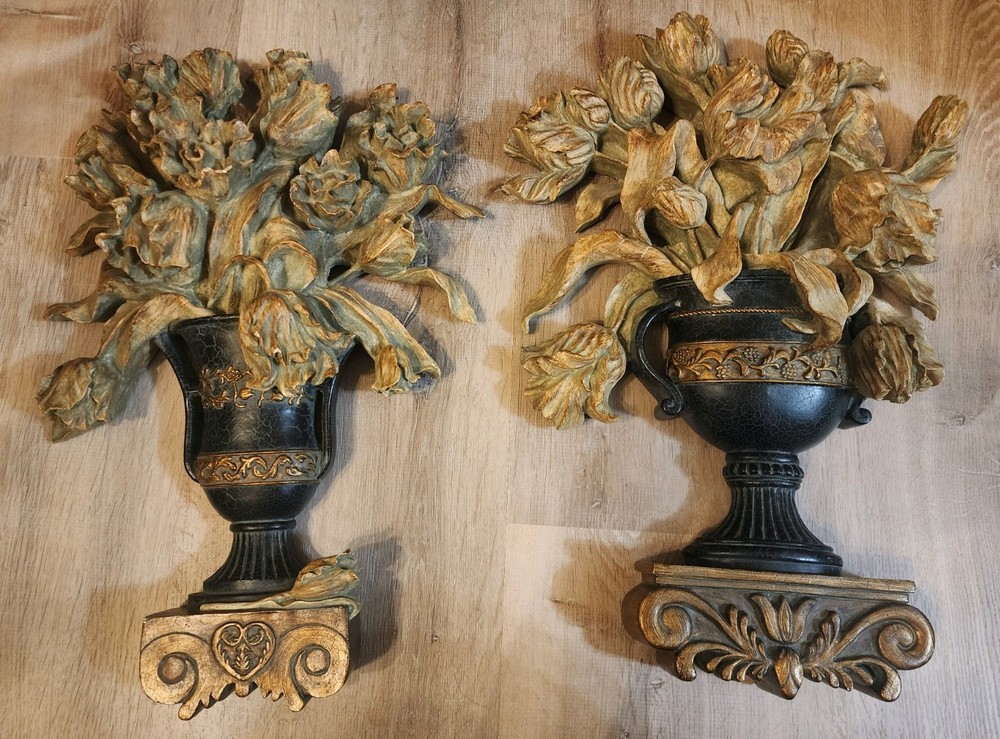 2 Italian Floral Urn Wall Swag Hanging Wall Plaque