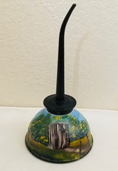 Vintage ~ Hand Painted ~ Thumb Pump Oil Can ~ Backyard Scene ~ 6.5″ ~ `NWT