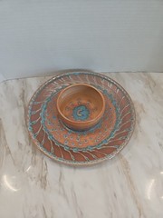 10.5″ TAE POTTERY vtg studio art Blue Moon party plate chip dip bowl Signed